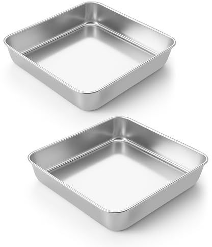 LIANYU 2 Pack 8 x 8 Inch Square Cake Pan, Stainless Steel Baking Lasagna Brownie Bread Pan, Square Bakeware for Birthday Party Wedding, Oven & Dishwasher Safe