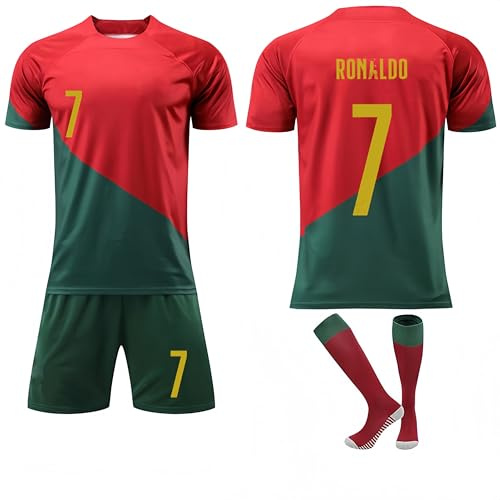 Portugal Ensemble maillot de football domicile n° 7 avec short et chaussettes Rouge/vert, Rouge/vert, 28