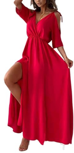Elegant, sexig V-ringad klänning med sidoslits för kvinnor, maxiklänning med djup V-ringning och sexiga sidoslitsar för långa klänningar (röd, XL)