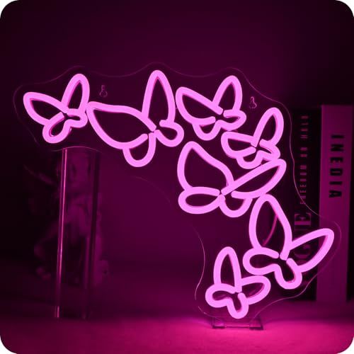 GLYOX Butterfly Neon Schild, Pink Led Schild Wandleuchte,USB-Dimmbare Butterfly Neon Sign für Leuchtreklame Schlafzimmer Bar Café Club Salon Geschäft Mädchen Schlafzimmer LED Wanddekoration