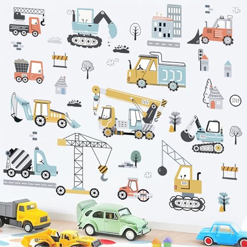 wondever Construction Vehicles Wall Stickers Excavator Tractor Trucks Peel and Stick Wall Art Decals for Baby Nursery Kids Bedroom Toddler Boys Room