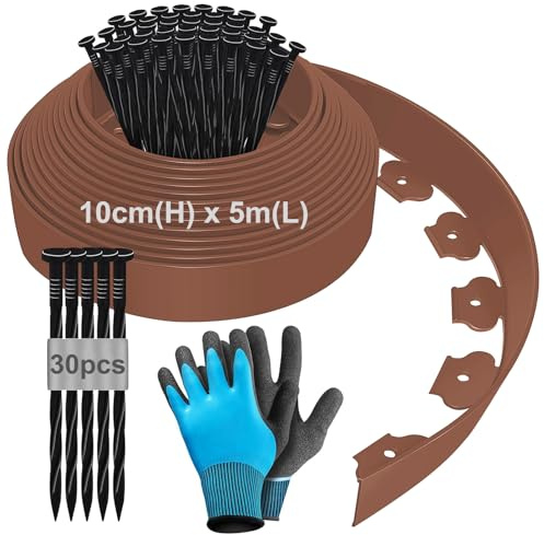 Bordure de Jardin Flexible 5m, Bordure Jardin Exterieur Hauteur 10cm, Bordure Jardin Plastique, Bordurette de Jardin, Garden Edging, Bordure de Tonte, avec Gants et 30 Ongles - Marron