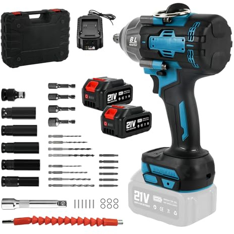 Cordless Impact Wrench, 1/2 Brushless Power Impact Gun, 2900RPM Electric Wrench with LED Work Light, Max Torque 1200N.m with 2 x 4.0Ah Battery & 5 Sockets & 9 Drill Bits & Carry Box for Car Home