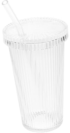 Amosfun Gobelet en Verre Transparent la Maison Bureau Facile à Nettoyer, pour Café et Eau 400ml avec Couvercle et Paille, Motif Rayures Verticales, Design Simple et Délicat
