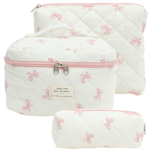 Harupink 3er Set Kosmetiktasche,Baumwolle Kulturtasche Damen Set mit Blumenmuster,Tragbare Kulturbeutel Make Up Bag Aesthetic Schminktasche Cosmetic Bag Frauen Mädchen für Alltag,Reisen(Rosa A)