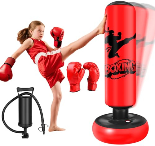 Qoosea Sacco da Boxe per Bambini 6-12 Anni, 160cm Stabile Sacco da Boxe Gonfiabile con Guanti da Boxe, Pratica di Taekwondo Karate Attrezzatura da Allenamento MMA, Regalo per Ragazzi Ragazze