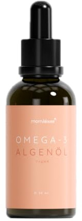 mombloom Omega 3 - Aceite de algas veganas para embarazadas, lactantes y deseos de niños, 20 ml, DHA (409 mg) y EPA (205 mg), probado en laboratorio, pipeta con escala dosificadora, cristal UV (romero