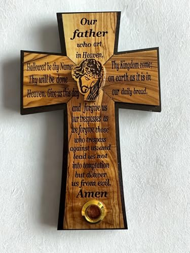 Holy Land Olive Wood Wall Cross with Lord’s Prayer - Handcrafted Christian Wall Hanging with Christ Face & Rose Incense Capsule & Certificate of Authenticity