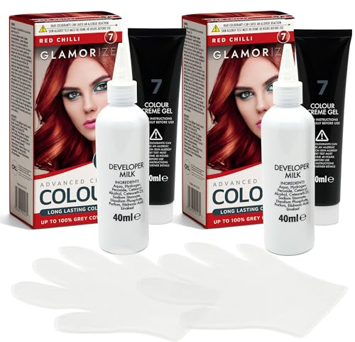 Glamorize 2pk 4 Step Advanced Creme Colour Red Chilli No. 7 – Long Lasting with Up to 100% Grey Coverage, No Bleach Permanent Hair Dye, Bright & Bold Shade for Women