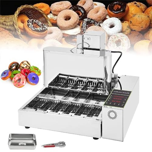 Friggitrice per Snack per Ciambelle con Ribaltamento Automatico a 6 File + Tramoggia da 9,5 Litri, Macchina Automatica per Fare Ciambelle (2700 Pezzi/Ora)