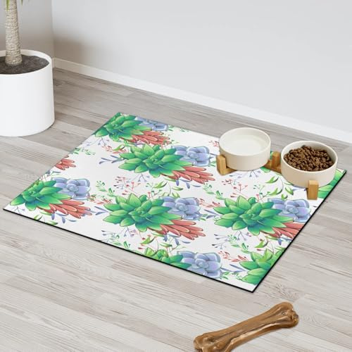 Succulent Flower Pet Feeding Mat for Cat Dog Water Bowl Food Mats Succulent Design Pet Feeding Mats Absorbent Nti-Slip Contain Spills Protects Floors Placemat 30.4 x 50.8 cm