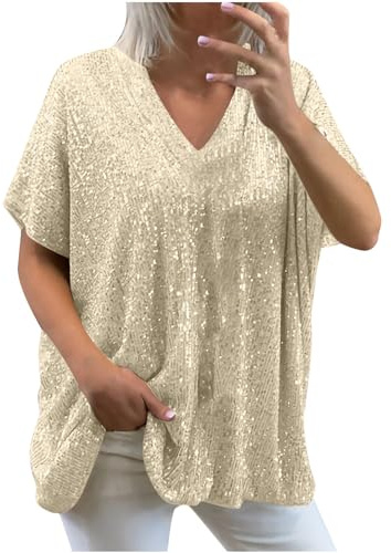 KODMNSW Glitzer Oberteile Damen Große Größen Elegant V Ausschnitt Pailletten Oberteil Lockere Passform Party Club Bluse Festliche Kleidung Glitzeroberteil 70er Jahre Outfit Beige XXL