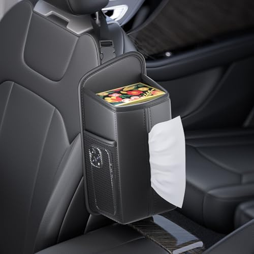 TESGADGETS Porte-mouchoir pour siège avant, organisateur d'appui-tête avec 2 poches latérales en filet pour téléphones et cartes, cuir PU résistant (Noir)
