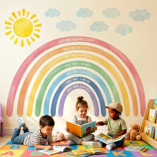 DECOWALL Regenbogen Affirmationen XXL Wandtattoo Wandsticker Set (FH4-2524) | Selbstklebend, abnehmbar, neu positionierbar – Sonne und Wolken für flexible DIY-Gestaltung auf glatten, sauberen Oberflächen