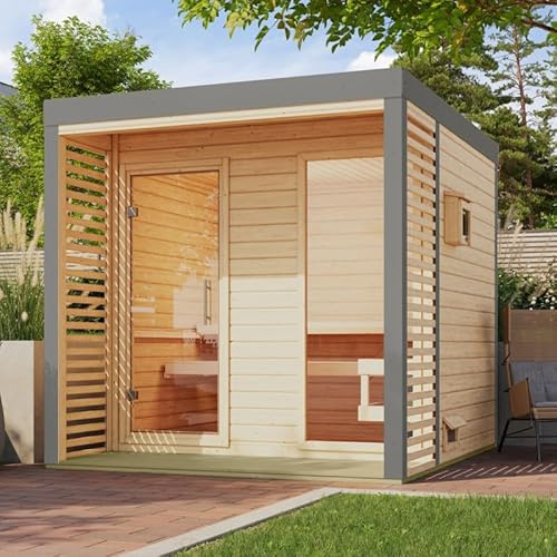 Karibu Ares 2 | Sauna Extérieur 4-5 Places en Épicéa Nordique 6,45m² | Terrasse avec Parois à Lamelles, Plancher et Embase Inclus | Anthracite | Porte et Fenêtre Vitrées, Bancs en Tremble