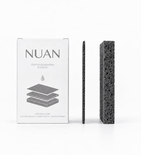 NUAN Pop-Up Zellulose Schwämme, 8 Stück – komprimierte Küchenschwämme, wiederverwendbar, super saugfähig, kratzfrei, plastikfrei und kompostierbar für Küche, Spüle und Haushalt