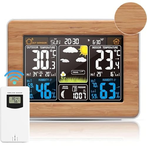 VORRINC Station Meteo, Hygromètre Thermometre Interieur Exterieur avec Capteur Prévisions Météorologiques Phase de la Lune Alarme Réveil Rétroéclairage Réglable, Alimente par Pile et AC - Bois Bambou