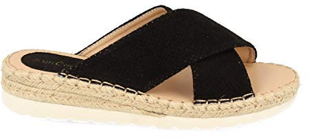 shoes&blues.es Sandalia Plana de Mujer con Cuna Baja de Yute, Doble Pala Cruzada, Perforado Mil Puntos y Talon Abierto. Primavera Verano 2020.. Talla 36 Negro