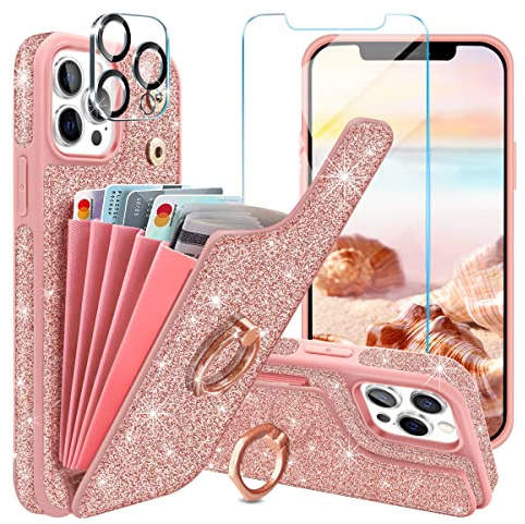 Casewind for iPhone 12 Pro Max Phone Case Wallet,Glitter Sparkle 5 Card Holder 360°Ring Kickstand with Screen Protector+Camera Lens Protector Cute Case for iPhone 12 Pro Max,6.7,Rose Gold