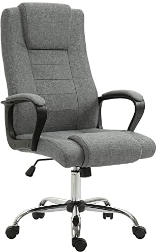 Vinsetto Sedia da Ufficio Ergonomica con Sedile Largo, Poltrona Scrivania Girevole in Tessuto Effetto Lino con Poggiatesta, Funzione Dondolo, Braccioli Imbottiti, Altezza Regolabile, Grigio Scuro
