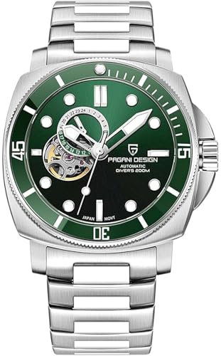 Pagani Design 1736 Orologio da Uomo NH39 Automatico Cristallo Zaffiro Cinturino Acciaio Inox 200m Resistente all'Acqua Orologio Sportivo Cronografo da Uomo (Verde acciaio)