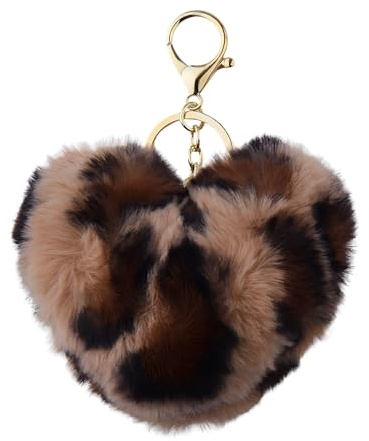 Guqqeuc Leopard Print Pom Pom Keychain for Girls Women Handbag Bag Charm Pom Pom Leopard Print Keyring for Car Keys Brown Pompom Bag Accessories for Women Girls Heart Fluffy Keychain for Purse