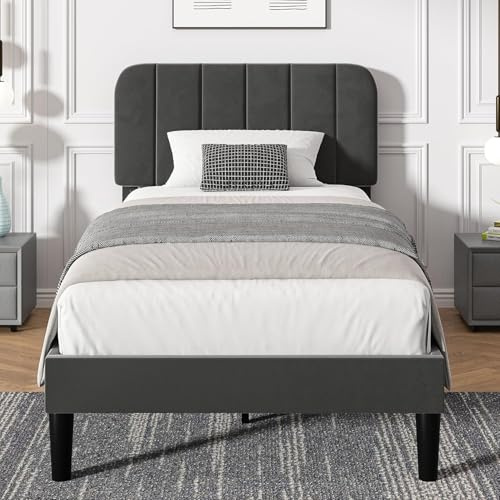VECELO Polsterbett 90x200 cm mit Lattenrost Rückenlehne, Hautfreundliche Leinenmaterial, Bett Einzelbett Jugendbett(Ohne Matratze), Legierter Stahl, Grau