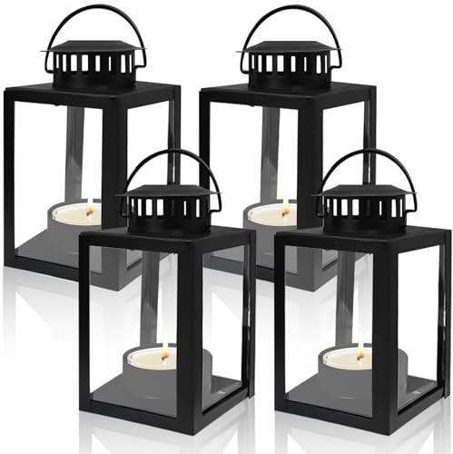 4 lanterne per esterni, 6 x 10,1 cm, lanterna per candele a blocco, lanterna da giardino, piccola lanterna in metallo per caffè, camino, decorazione moderna da tavolo, colore nero