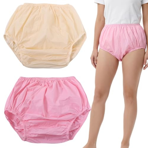 LAKPYN 2 Stück PVC Windelhosen für Männer und Frauen,Tragbar Gummihosen für Erwachsene,Auslaufsicher,Waschbar, Wiederverwendbar,Größe L(Pink + Beige)