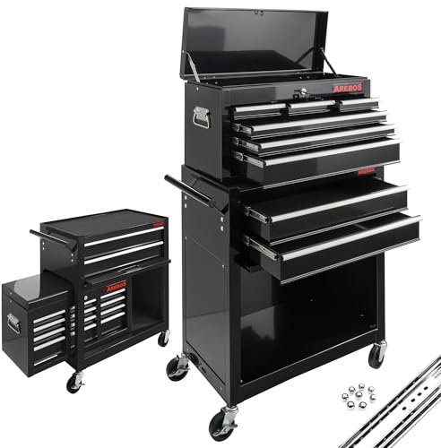 Arebos Werkstattwagen 9 Fächer | inkl. Antirutschmatten | Kofferaufsatz mobil & herausnehmbar | zentral abschließbar | kugelgelagert | inkl. Feststellbremsen | Schwarz