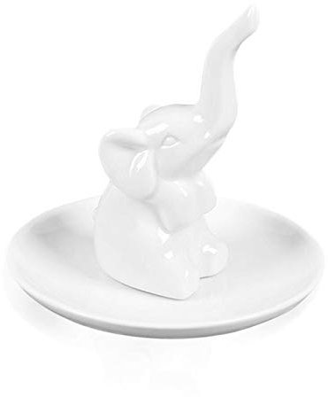 LEPENDOR Elefant Ringhalter Schmucktablett für Hochzeit Weihnachten Geburtstag, Handgefertigte Keramik Dekor Gericht Tablett für Kleintiere - Weißer Elefant