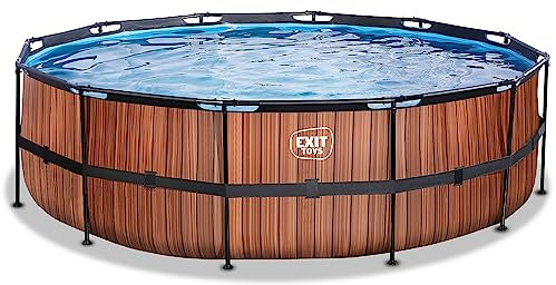 EXIT Toys Wood Pool - ø488x122cm - Piscina de Marco Redondo Grande con Bomba de Filtro de Cartucho - Piscina Extra Profunda - Marco Robusto - Incluye Escalera de Piscina - Diseño Único - Marrón