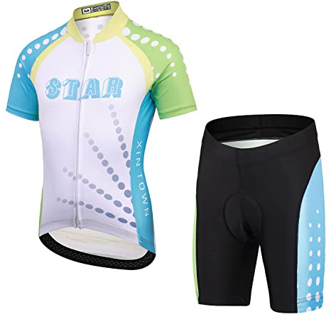 L PATTERN Maillot de Cyclisme Garçon Fille Cuissard Vélo T-Shirt Cyclisme à Manches Courtes Combinaison VTT pour Unisexe Enfant, Blanc (Ensemble), XL/11-12 Ans