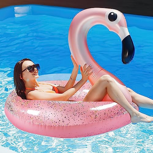 ACTOYS Flamingo Aufblasbar, Schwimmring Erwachsene, Flamingo Schwimmring, Schwimmreifen groß, Schwimmreifen Glitzer Erwachsene für Erwachsene Wasserspielzeug für Pool und Strand Party-120cm