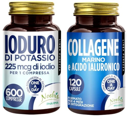 Set di Integratori Metabolismo + Pelle - 225 mcg di Iodio per 1 Compressa Alto Dosaggio + Collagene marino e acido ialuronico - 120 capsule