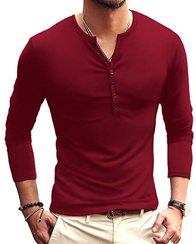 KUYIGO Hombres Algodón Camiseta Slim Fit Henley Camisa Básica de Manga Larga Moda Tops L Vino Rojo