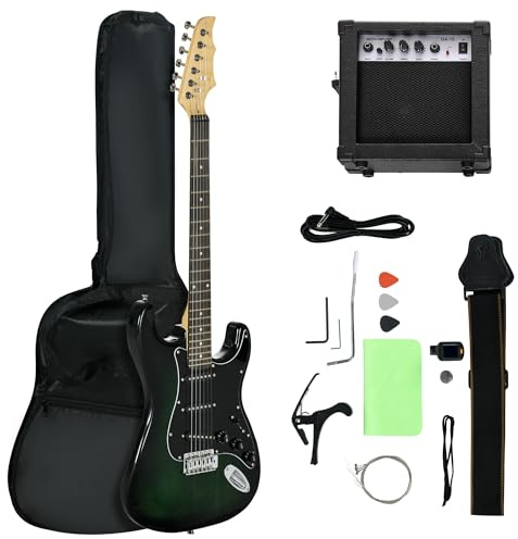 SPORTNOW 6 String Right-Handed Electric Guitar, with 20W Amp, Digital Tuner, Space Strings, Picks, Shoulder Strap and Case Bag - Dark Green