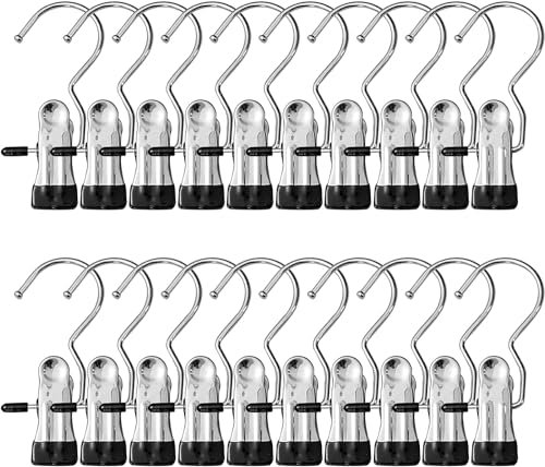 20 mollette da bucato in acciaio inox, gancio antiscivolo, clip girevole a 360°, clip per stivali, per pantaloni, scarpe, asciugamani, colore nero