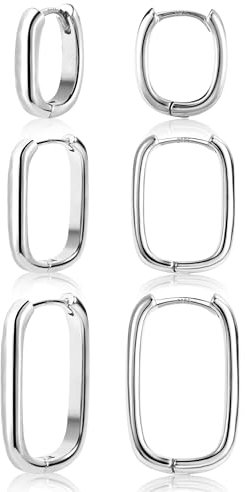 Silber 925 Ohrringe Set Damen - Kleine Eckige Creolen, 3 Paar Sterling Silber Geometrische Quadratische Huggies Kreolen - Knorpel Ohrringe Set