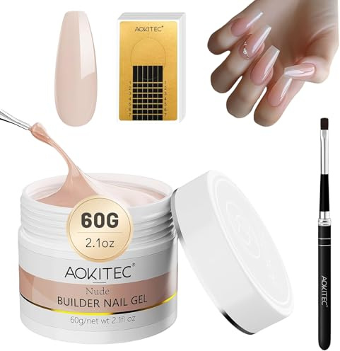 Aokitec Aufbaugel für Gelnägel, 60g Nude Hartgel für Nägel, Nagelgel Set mit Nagelformen und Gel Nagelbürste, UV Gel für Nagelverlängerungen, Nail Art Aufbaugel Sets Builder Nägel für Anfänger