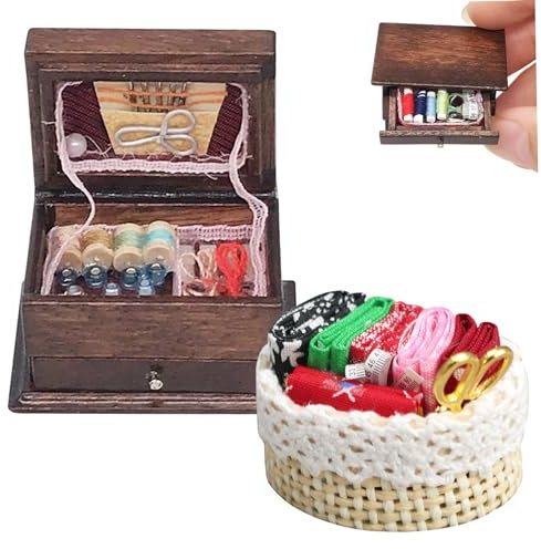 Wedhapy Puppen Nähset Puppenhaus Nähset 2 Stück 1/12 Holz Mini Nähset Mini Nähkästen Und Körbe Simulations Miniatur Puppenhaus Zubehör