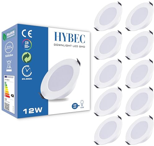 HYBEC - LED Einbaustrahler Flach, Einbaustrahler LED, LED Einbaustrahler, LED Spots, Spots Deckenleuchte LED, LED Einbauleuchten, Downlight, LED Downlight, LED Panel Light, 12W (Pack 10)