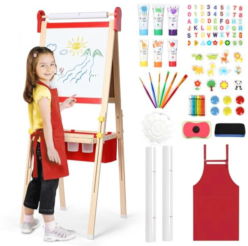 Kinderstaffelei 3-1, magnetische Kinder Kreidetafel & Whiteboard, Großer Stauraum mit Leinentasche, Staffelei Kinder, Kreide, Pinseln, Zahlen-Buchstaben-Magneten, Schürze, Geschenk für Kinder, Rot