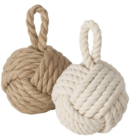 Fermaporta in juta con nodi, set da 2 pezzi, colore crema e beige, 14 cm, sfera in maglia con design marittimo, nodo decorativo per porta, finestra, effetto