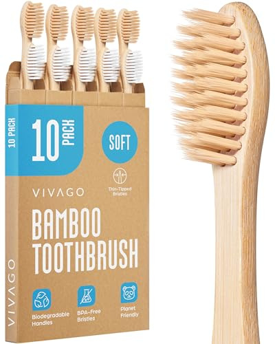 VIVAGO Soft Flossing Bamboo Toothbrushes 10 Pack - BPA Free Soft Bristles Toothbrushes for Adults, Natural Wooden Toothbrush