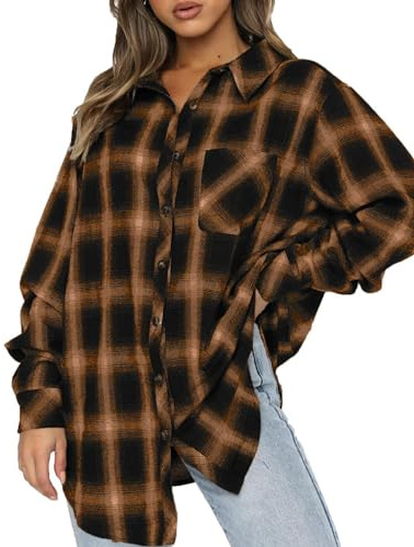 Jhsnjnr Damer flanell rutig skjorta blus knappslå v hals toppar lång skjorta oversize rutig skjorta långärmad skjorta, BRUN, XL