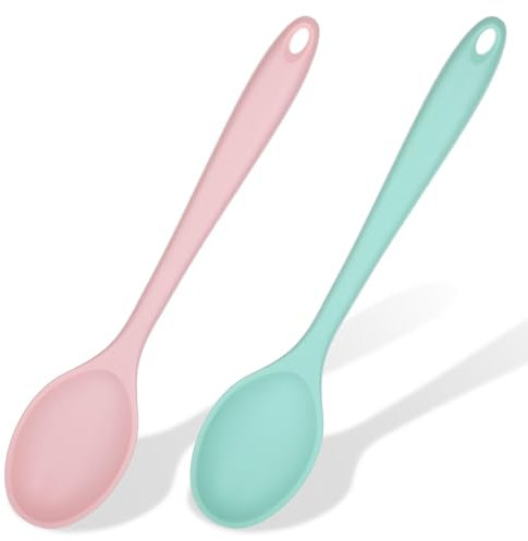 2 Stück Kochlöffel Silikon, Antihaft Löffel, Rührlöffel für Küche, Kochutensilien zum Kochen, Backen, Rühren, 27.3x5.7cm, Grün und Rosa