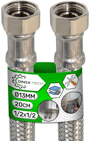 Panzerschlauch 20 cm Innengewinde 1/2 x 1/2 zoll DN8 DE13 - Flexschlauch Hergestellt aus Edelstahl Temperatur max 70°C Betriebsdruck 10 bar - Garantie 5 Jahre - ONIX TECH