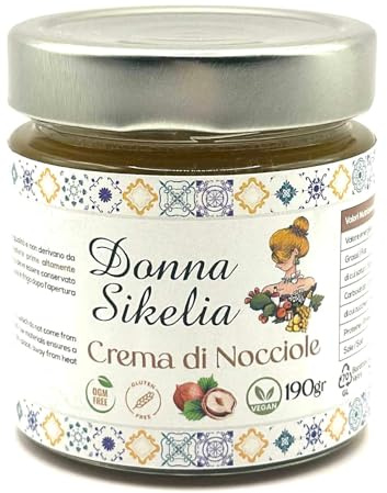 Donna Sikelia Crema di Nocciole 100% 190g | 100% nocciole, senza zuccheri aggiunti, naturalmente vegan e dal gusto intenso e tostato.