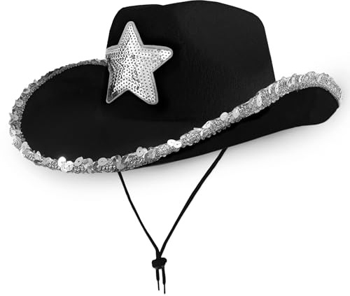 Cowboy Hats Cowboy Unisex Felt Western (1x Black Hat with Silver Sequin Star) Texas Texan Costume Accessories for Men, Women, Adults Wild West Fancy Dress Party